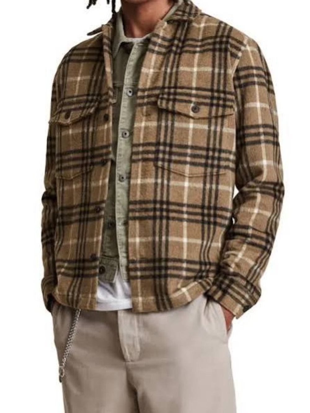 Allsaints Bertholdt Heavyweight Overshirt in a dusty olive green plaid pattern